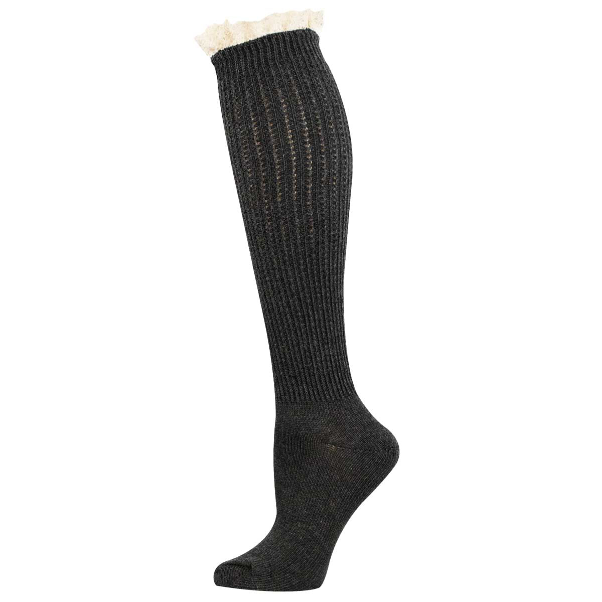 A single dark charcoal gray ribbed knee-high sock with a cream-colored ruffled trim at the top cuff, shown on a plain white background.
