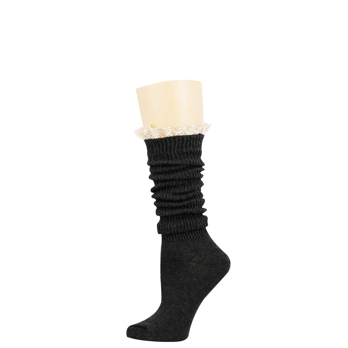 A single black ribbed knee-high sock with a white lace cuff, displayed on a beige mannequin leg against a plain white background.