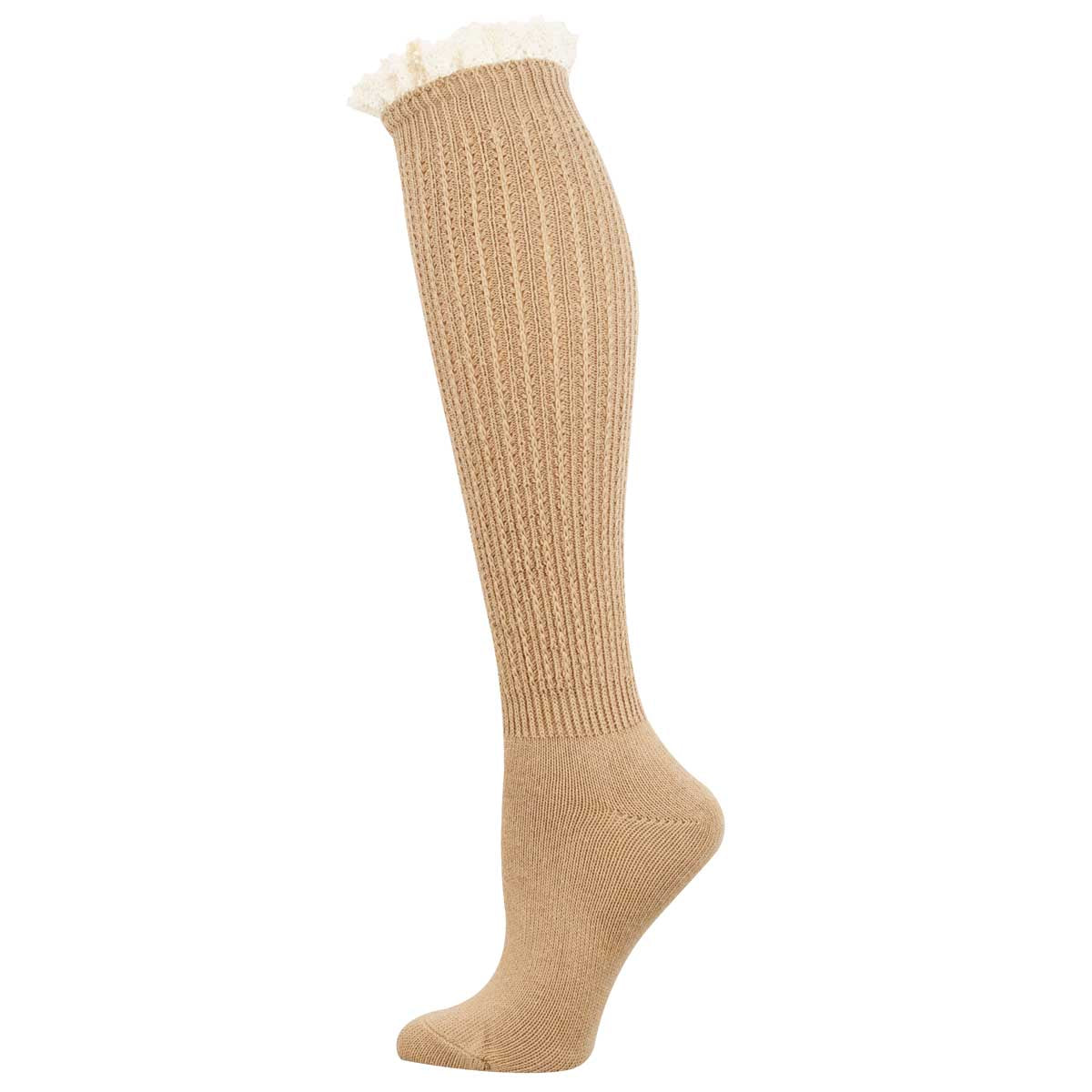 A single beige ribbed knee-high sock with a white ruffled trim at the top, shown on a plain white background.