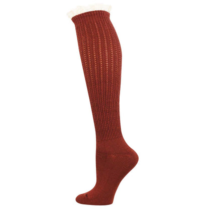 A single ribbed knee-high sock in a rust red color with a white faux-fur trim at the top cuff, shown on a plain white background.