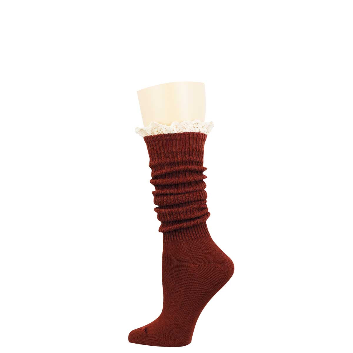 A single dark brown ribbed knit sock with a white lace ruffle trim at the top, displayed on a cream-colored mannequin leg against a plain white background.