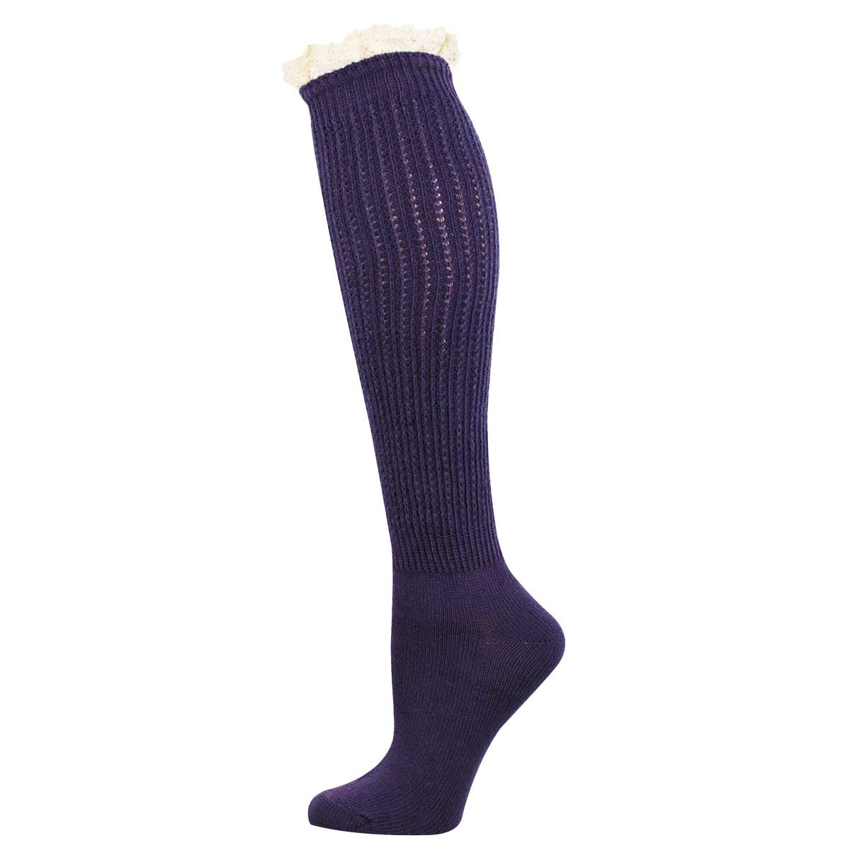 A single knee-high ribbed knit sock in deep purple with a contrasting white faux-fur trim at the top, shown on a plain white background.