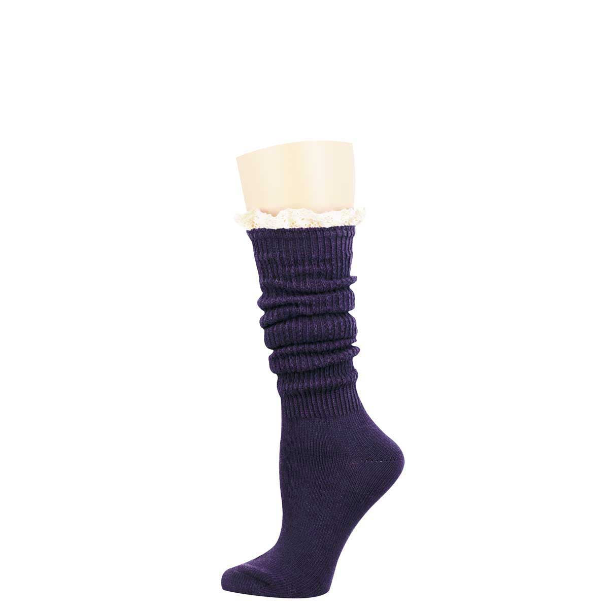 A single dark purple ribbed knee-high sock displayed on a beige mannequin leg against a plain white background.