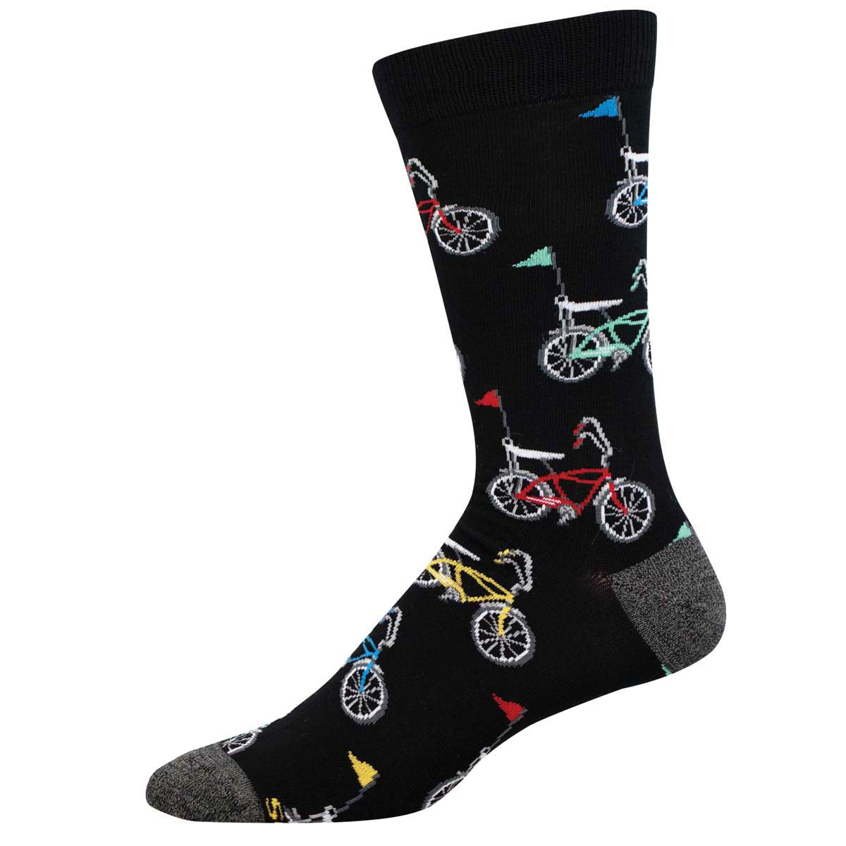 A pair of black crew socks with a pattern of colorful bicycles on the side.