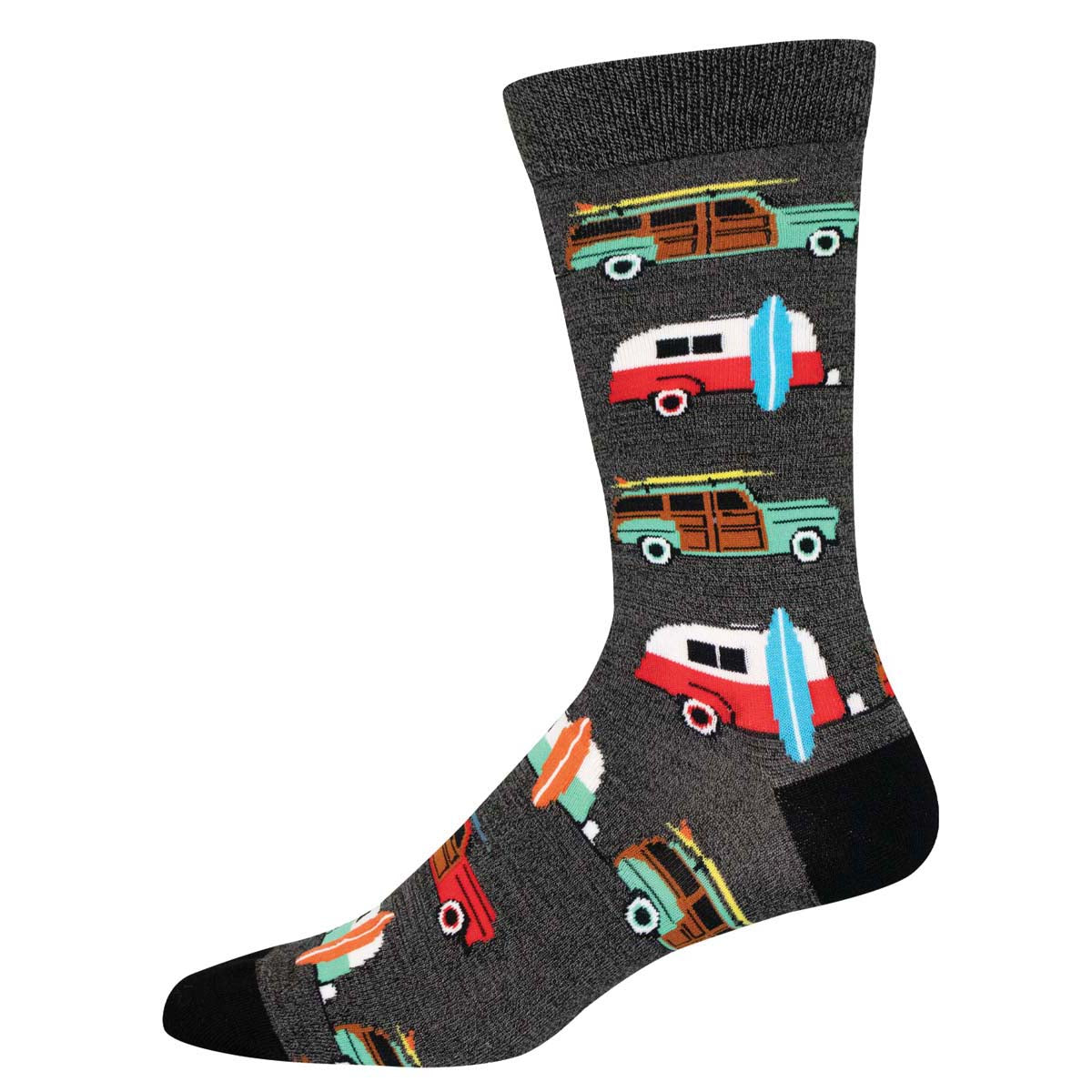 A pair of socks with a pattern featuring classic cars and surfboards on a gray background.