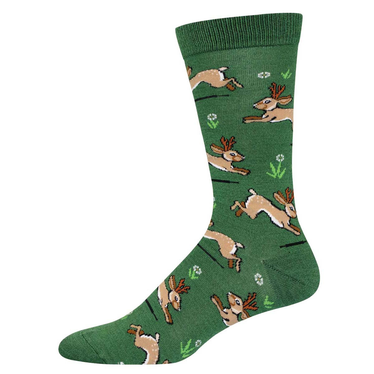 A green sock with a pattern of cartoon jackalopes (a combination of a rabbit and a deer) jumping among grass and flowers.