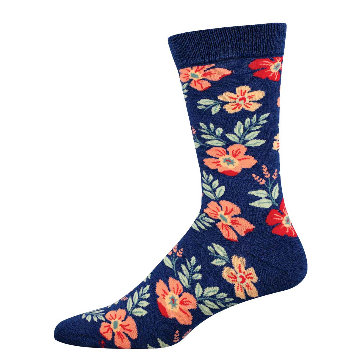 A pair of navy socks with a floral pattern featuring wildflowers in orange and blue.