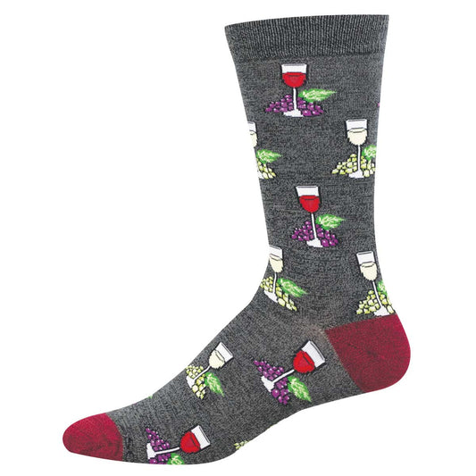 gray sock with wine glass and grapes pattern