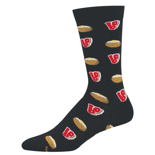 Black sock with steak and baked potatoes pattern