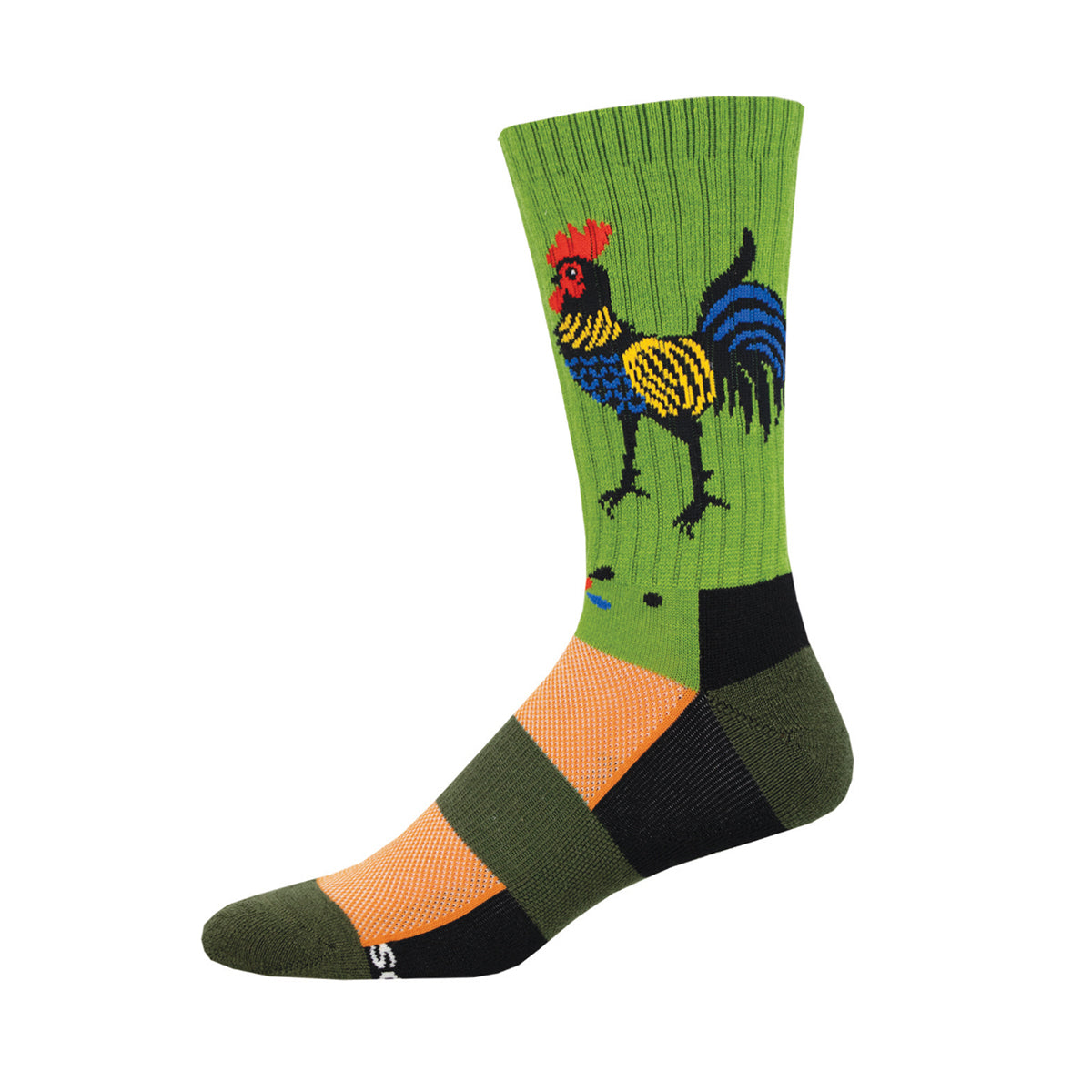 A colorful merino wool sock with a patterned design featuring a rooster.
