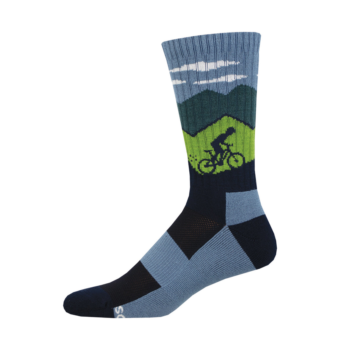 A pair of Merino wool socks with a mountain and cyclist design on the cuff, primarily in blue and black colors.