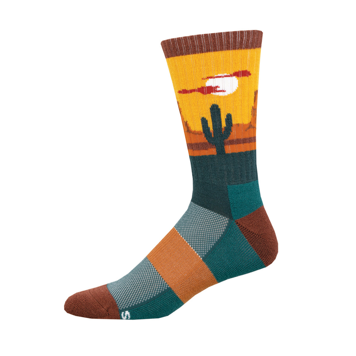 A crew-height merino wool sock with a geometric pattern featuring desert colors and a cactus design.
