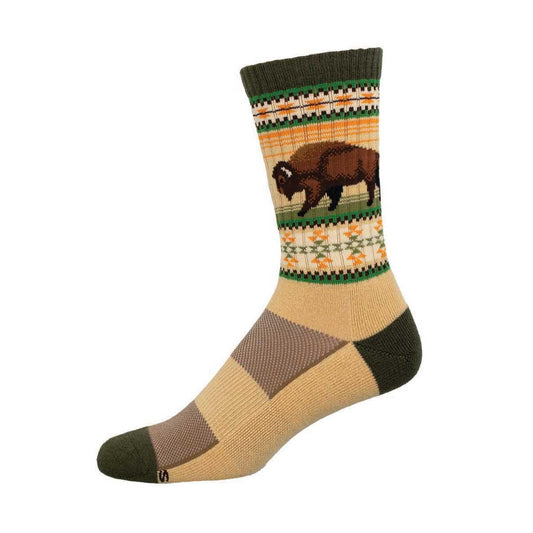 A pair of crew-length merino wool socks with a geometric pattern featuring a bison in the design.