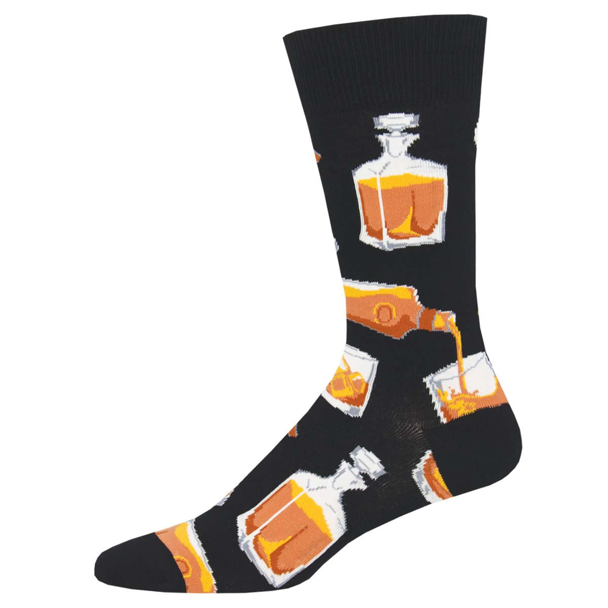 Men's Cotton Crew Socks - Whiskey Decanter and Glass Pattern - Black - Socksmith
