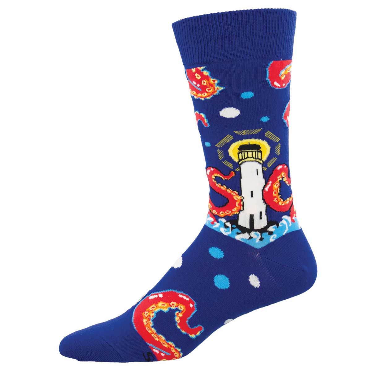 Men's Cotton Crew Socks - Walton Lighthouse and Wave Design with "Santa Cruz" Tentacle-Themed Lettering - Blue - Socksmith