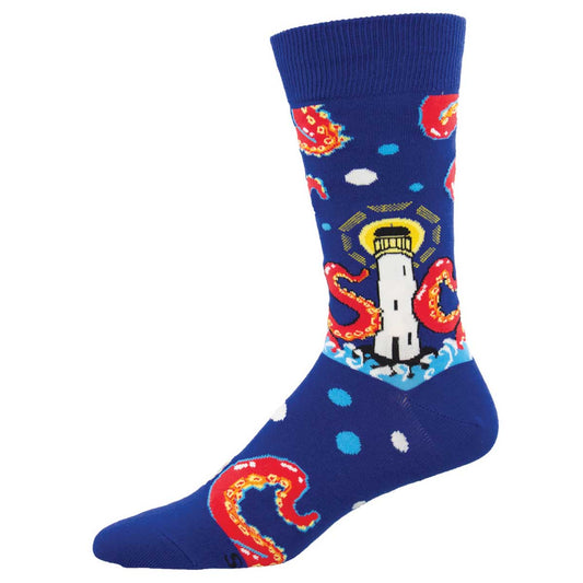 Men's Cotton Crew Socks - Walton Lighthouse and Wave Design with "Santa Cruz" Tentacle-Themed Lettering - Blue - Socksmith
