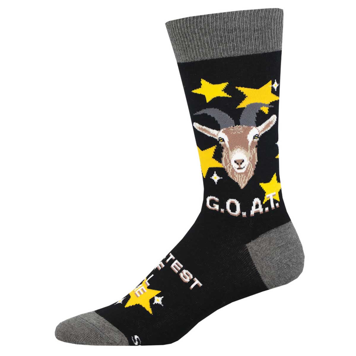 A pair of black cotton crew socks featuring a goat design with yellow stars and text 'G.O.A.T.'