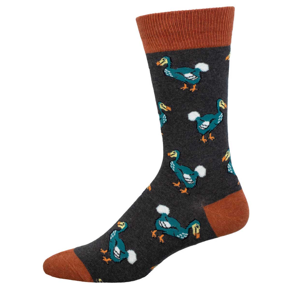 A pair of socks with a pattern of dodo birds in blue and yellow on a charcoal gray background, with orange at the top and bottom of the socks.