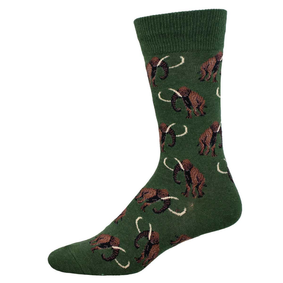 A green crew sock with a pattern of brown wooly mammoths and ice Age-era flora.