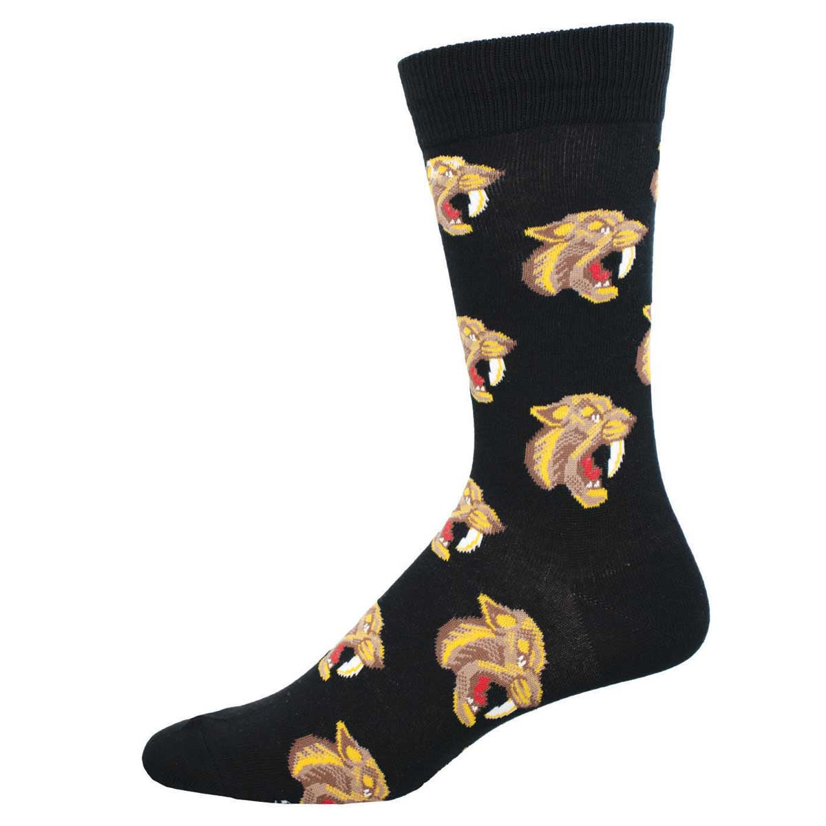 A pair of black crew socks with a pattern of sabertooth tiger heads in a repeated design.