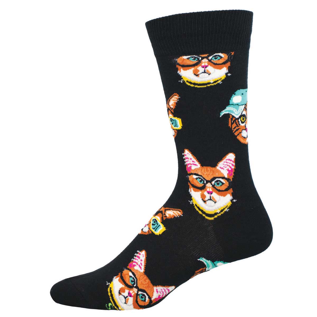 A pair of black crew socks with a pattern of cartoon cats wearing sunglasses and hats.