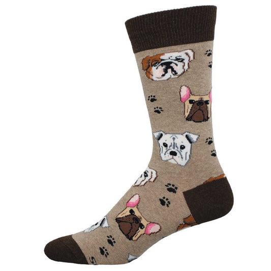 A pair of socks with illustrations of bulldog faces and paw prints on a beige background.