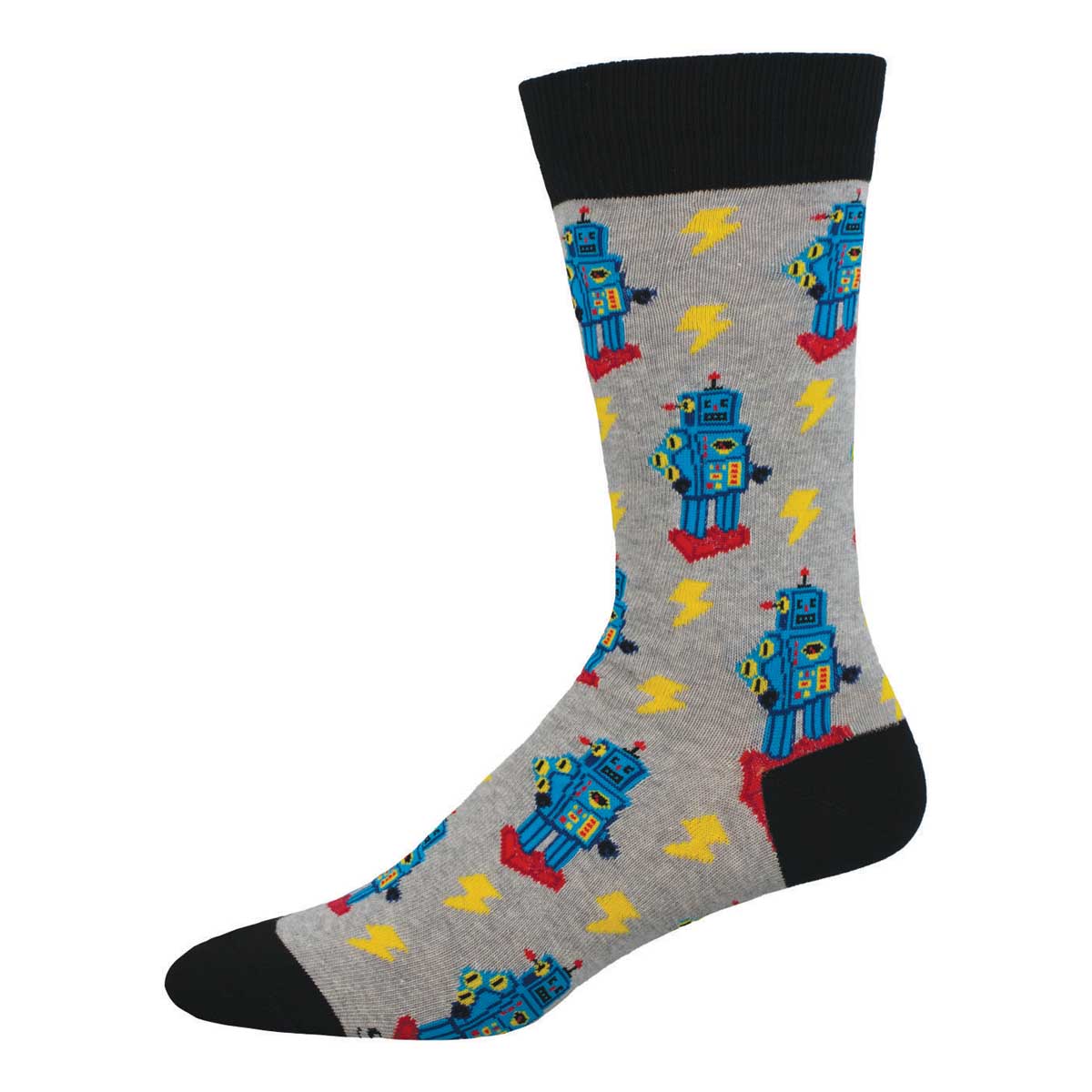 A pair of gray crew socks with a pattern of blue robots and yellow lightning bolts.