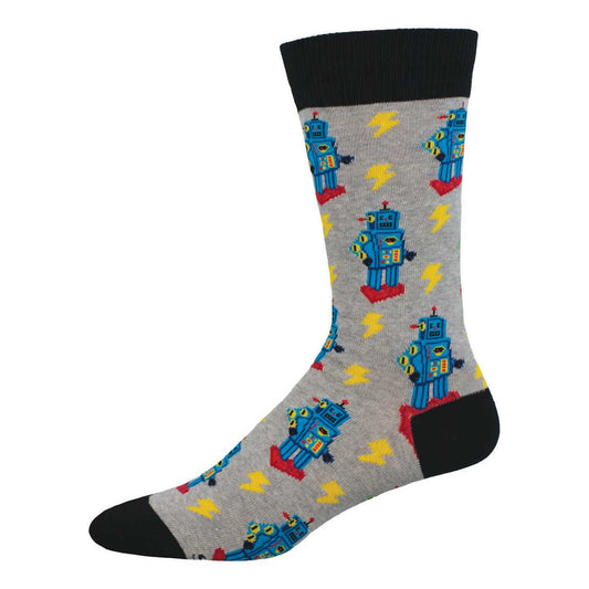 A pair of gray crew socks with a pattern of blue robots and yellow lightning bolts.