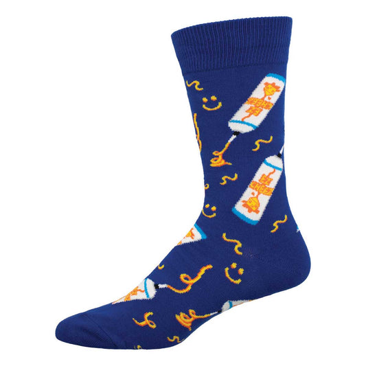 A pair of blue crew socks with squeeze cheese and smiley face patterns.