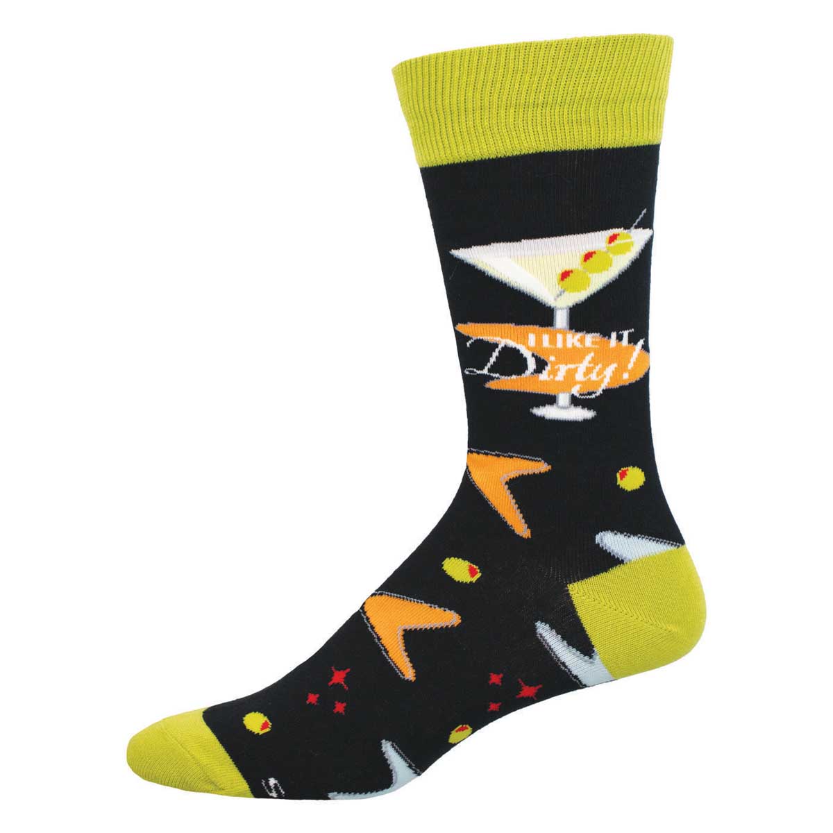 A pair of novelty cotton crew socks with a dirty martini design and the text 'I Like It Dirty' displayed on them, primarily in black color with yellow accents.