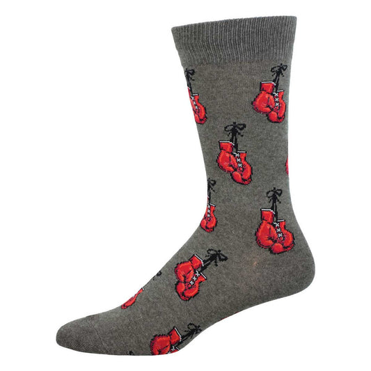 A pair of gray crew socks with a pattern of red boxing gloves.