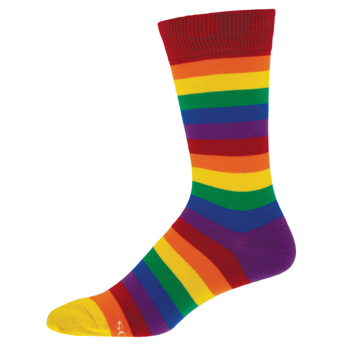 A pair of colorful rainbow striped socks with red, orange, yellow, green, blue, and purple lines.