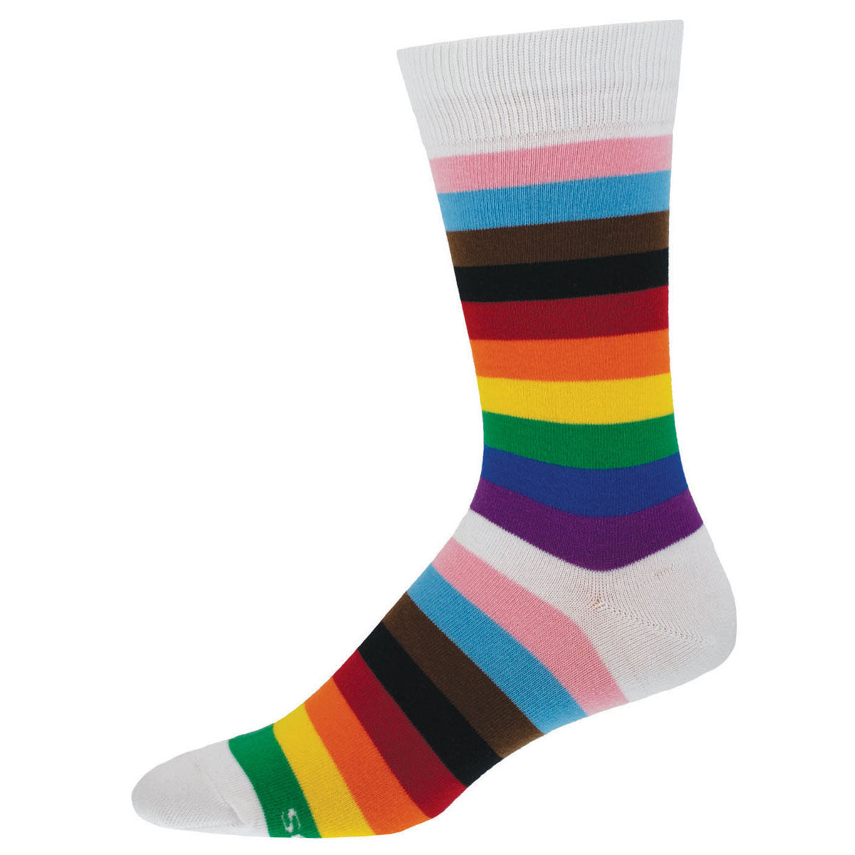 A colorful progress striped sock with multiple colors including pink, yellow, green, blue, and brown, on a white background.