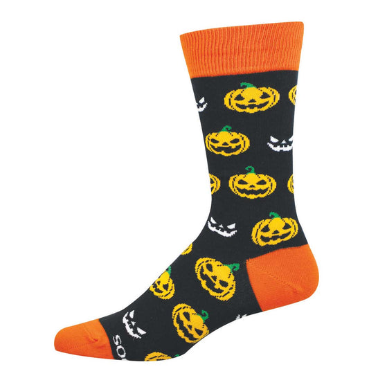 Men's Halloween Cotton Crew Socks - Jack O' Lanterns Design with Evil Eyes - Black - Socksmith