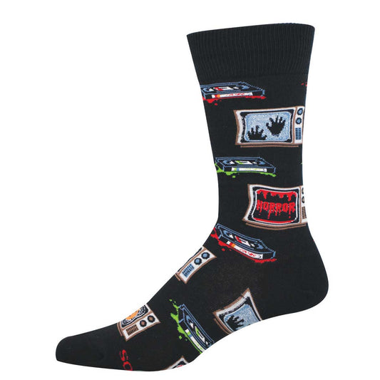 Men's Halloween Cotton Crew Socks - Retro Horror Movies and VHS Tapes - Black - Socksmith