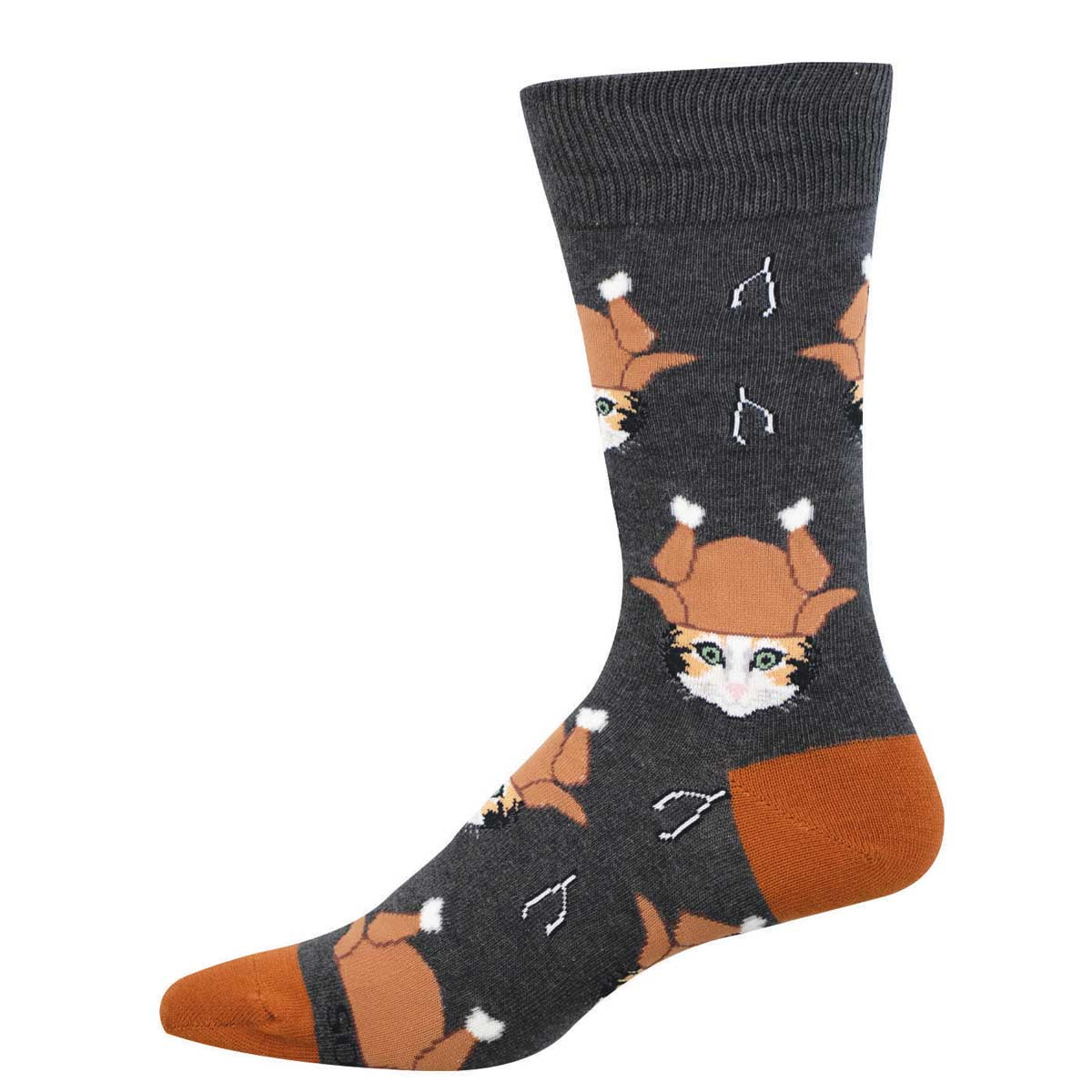 Men's Holiday Cotton Crew Socks - Cat Wearing Funny Turkey Hat - Charcoal Heather - Socksmith