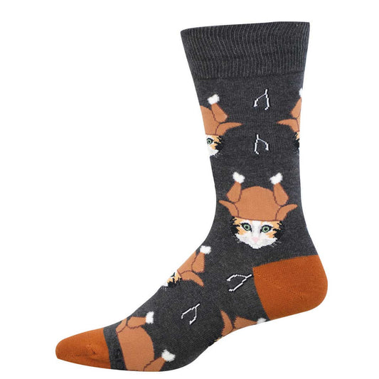 Men's Holiday Cotton Crew Socks - Cat Wearing Funny Turkey Hat - Charcoal Heather - Socksmith