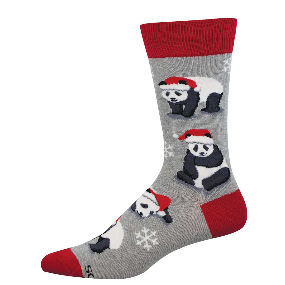 Men's Holiday Cotton Crew Socks - Panda Bears Wearing Santa Hats - Gray - Socksmith