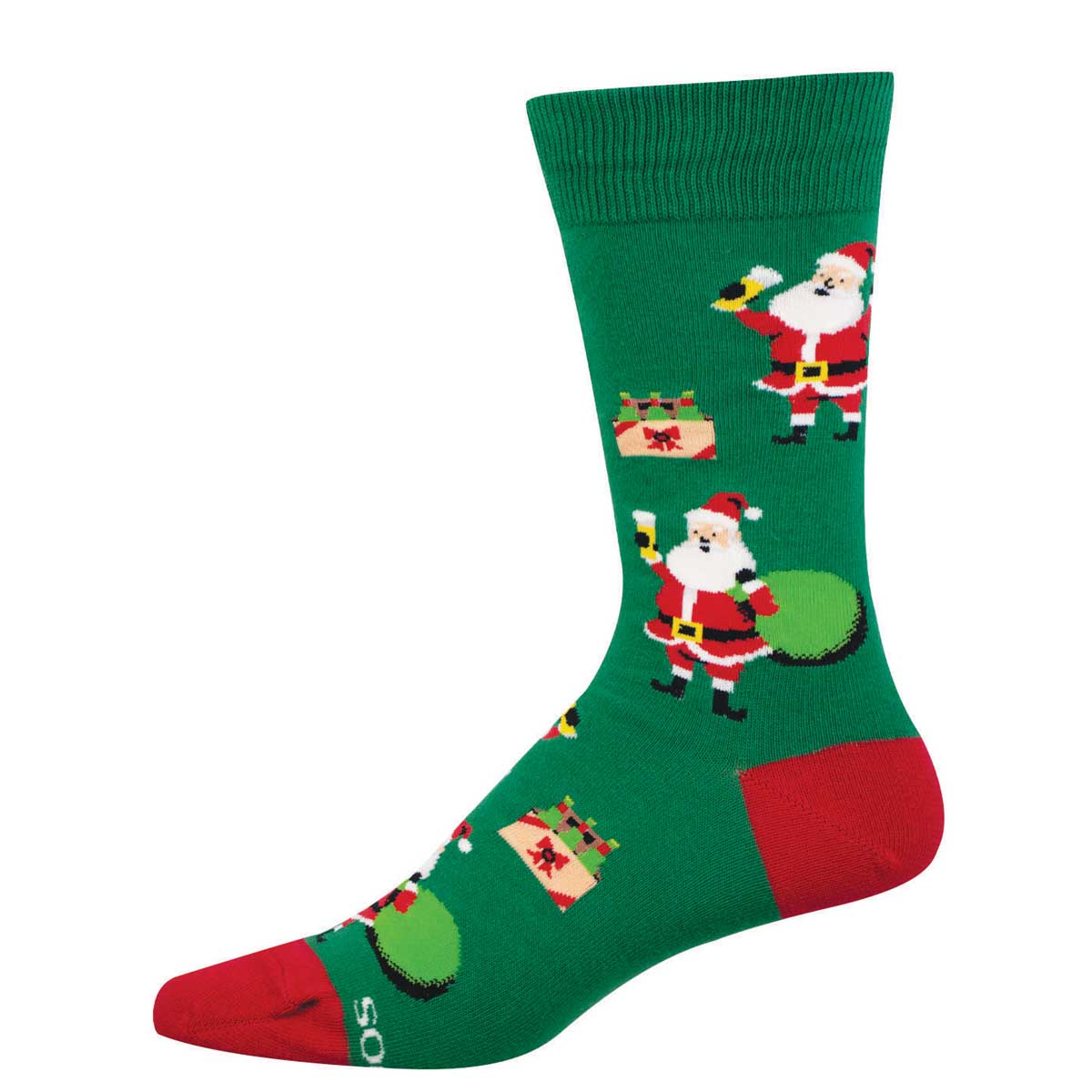 Men's Holiday Cotton Crew Socks - Cute Santa Claus Design Enjoying a Beer - Green and Red - Socksmith