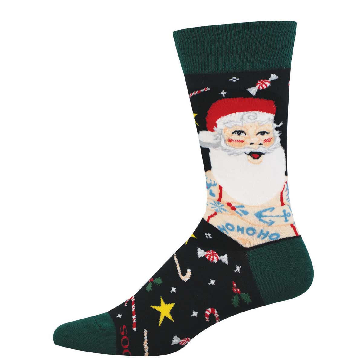 Men's Holiday Cotton Crew Socks - Santa Claus with Tattoos Design - Black - Socksmith