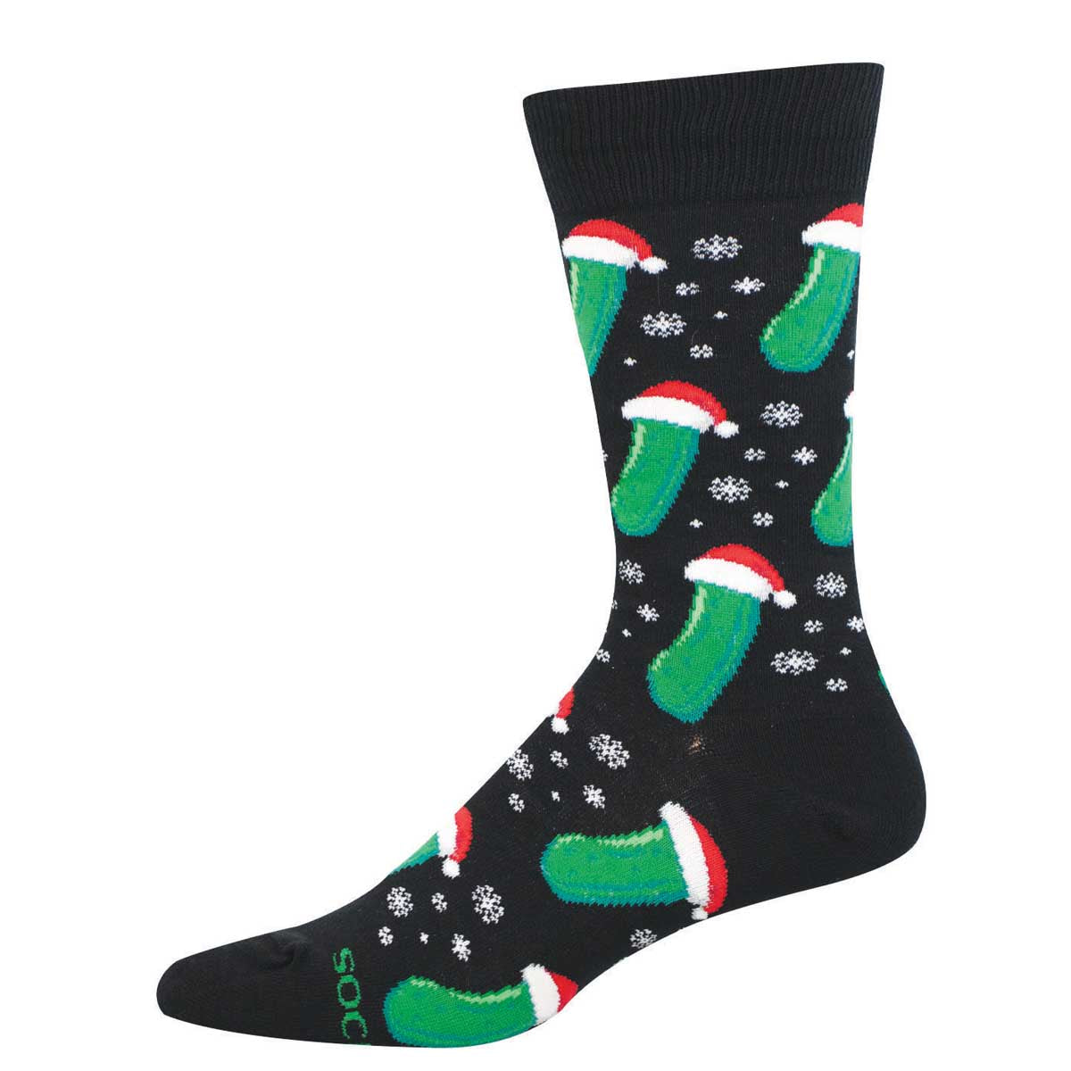 Men's Holiday Cotton Crew Socks - Dill Pickles Wearing Santa Hats Design - Black - Socksmith
