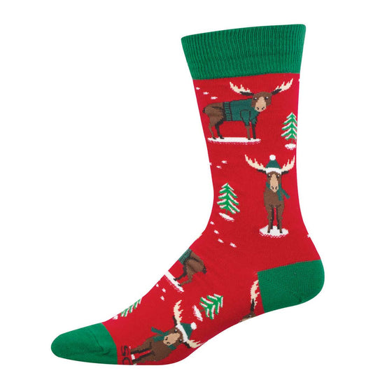 Men's Holiday Cotton Crew Socks - Moose Wearing Sweaters Design - Red and Green - Socksmith