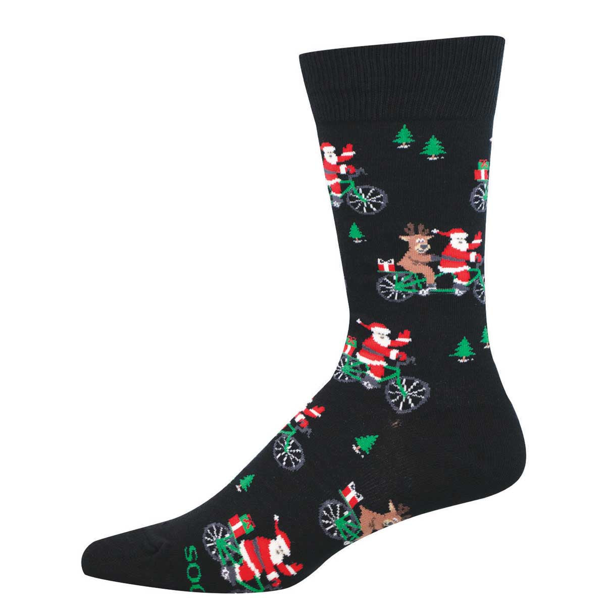 Men's Holiday Cotton Crew Socks - Santa and Rudolph Riding Bicycle - Black - Socksmith