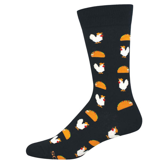 Black sock with chicken and taco pattern on a white background