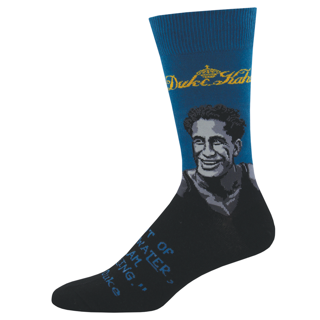 A pair of cotton crew socks with a portrait of Duke Kahanamoku in blue and black colors.