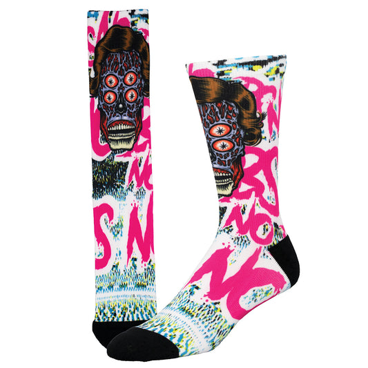 Colorful socks with a graphic demon face design on a white background