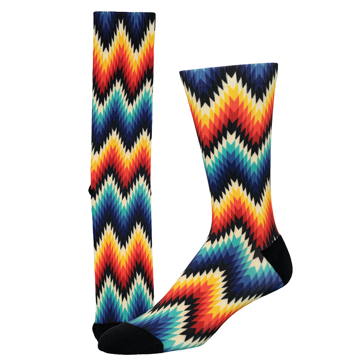 Colorful zigzag patterned socks on a white background