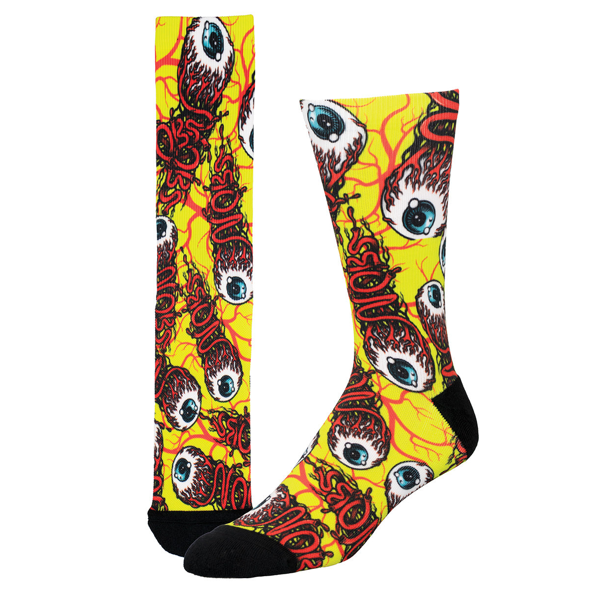 eyeball themed bright yellow socks