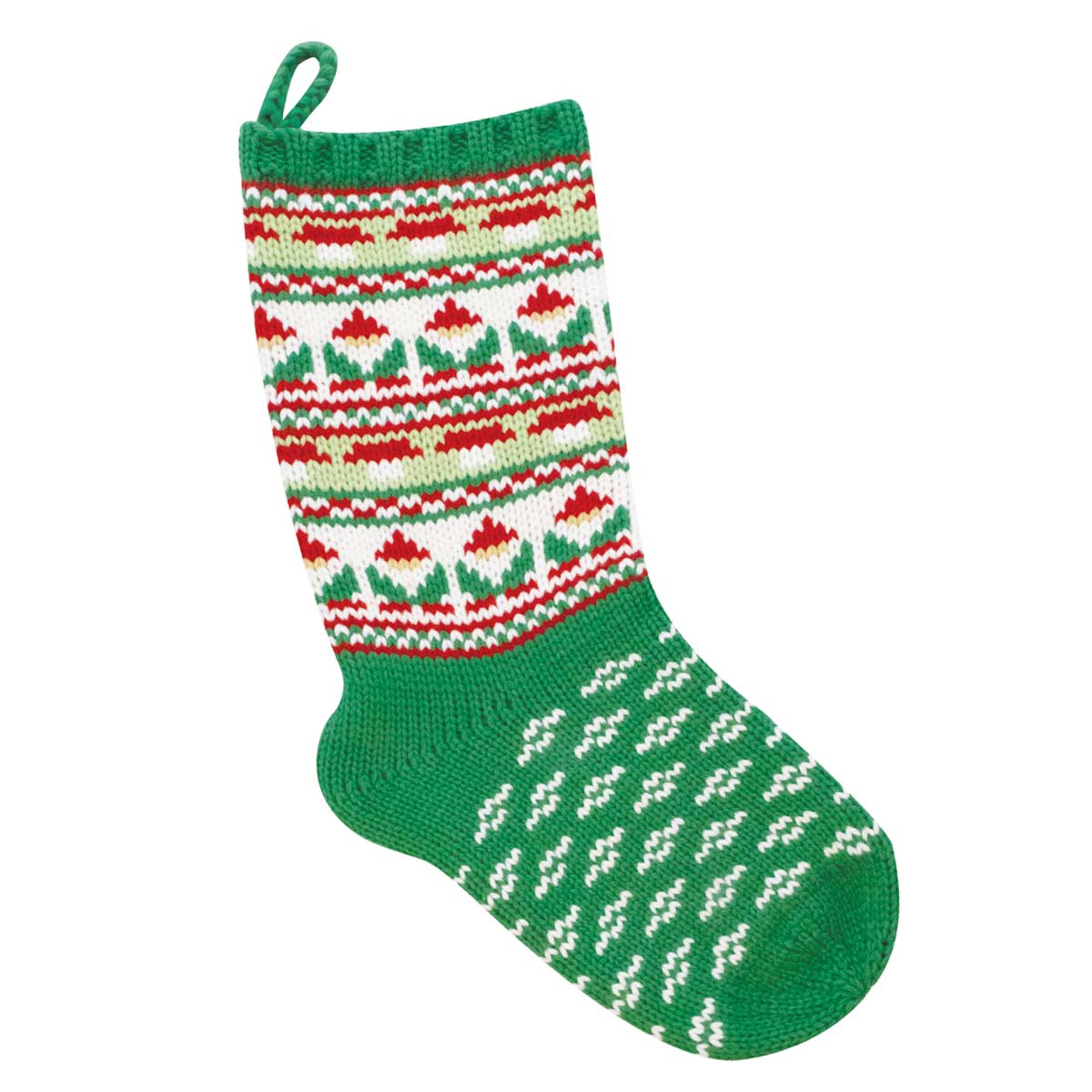 A single green Christmas knit stocking with a white and red fair isle gnome pattern on the leg and a white and green diamond pattern on the foot, shown on a plain white background.