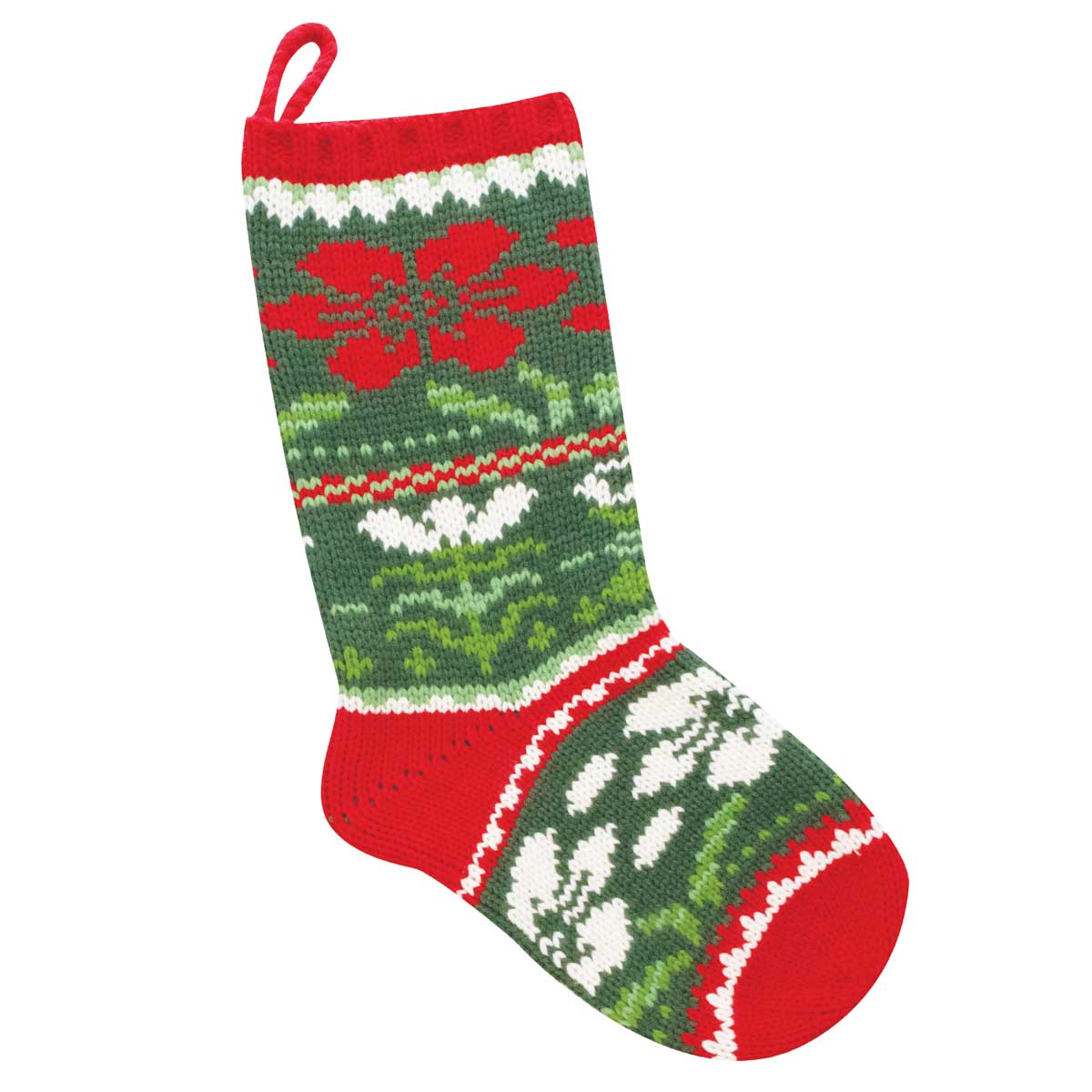A festive knitted Christmas stocking with a red hanging loop, featuring a green, red, and white floral pattern with red heel and toe.